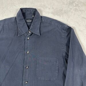Vintage 90s Trussardi Jeans Shirt Medium Faded Navy Metal Hardware Buttons Brass